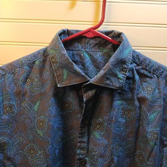 Tasso Elba Blue Paisley Short Sleeve Button Shirt Men's Size L 16 16 1/2 Beach - Picture 5 of 9